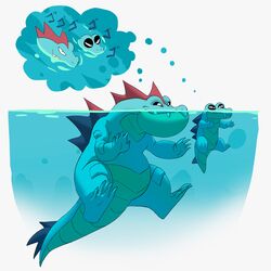  absurdres crocodilian evil_smile feraligatr highres menacing_(jojo) no_humans partially_underwater_shot pokemon pokemon_(creature) simple_background smile thought_bubble totodile trisketched water white_background 