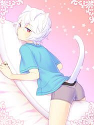  1boy animal_ears ass blush boxer_briefs cat_boy cat_ears cat_tail hair_between_eyes kuga_yuuma looking_at_viewer looking_to_the_side male_focus male_underwear on_pillow pillow red_eyes roromo shirt solo straddling t-shirt tail underwear white_hair world_trigger 