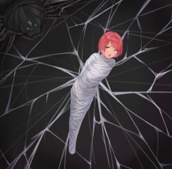  absurdres anti_(0324) bug cocoon commentary female full_body highres isillia_(soccer_spirits) korean_commentary md5_mismatch open_mouth pink_hair short_hair silk soccer_spirits solo spider spider_web swept_bangs yellow_eyes 