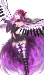  akemi_homura akuma_homura alternate_breast_size argyle_clothes argyle_legwear bad_id bad_pixiv_id bare_shoulders black_gloves black_hair bow breasts choker dark_orb_(madoka_magica) dress elbow_gloves feathered_wings female fm gloves hairbow highres large_breasts long_hair looking_at_viewer mahou_shoujo_madoka_magica mahou_shoujo_madoka_magica:_hangyaku_no_monogatari open_mouth purple_eyes simple_background smile solo spoilers thighhighs white_background wings 