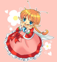  ahoge antennae blue_eyes bow braid circle_skirt commentary_request dress fairy_wings female flower full_body hands_on_own_face happy heart hoshino_(nia_hoshino) jewelry long_hair open_mouth orange_hair photoshop_(medium) pink_background pink_dress ribbon solo subaru_(tengai_makyou) tengai_makyou waist_bow wings 