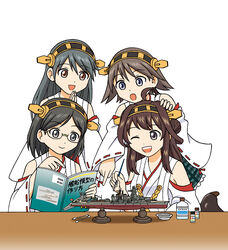  4girls :d ;d absurdres ahoge art_brush black_hair book brown_eyes brown_hair commentary_request detached_sleeves double_bun glasses grey_eyes grey_hair hair_bun hairband haruna_(kancolle) headpat hiei_(kancolle) highres holding holding_book holding_brush holding_paintbrush hoshino_banchou kantai_collection kirishima_(kancolle) kongou_(battleship) kongou_(kancolle) long_hair military military_vehicle model_kit model_ship multiple_girls nontraditional_miko one_eye_closed open_mouth paintbrush photoshop_(medium) pointing ship short_hair simple_background smile translation_request vehicle_and_personification warship watercraft white_background 