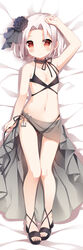  anchor bikini black_bikini black_flower black_rose blush choker commentary_request dakimakura_(medium) female flower full_body hair_flower hair_ornament looking_at_viewer lying navel on_back red_eyes rose sandals sarong short_hair smile solo swimsuit vittorio_veneto_(warship_girls_r) warship_girls_r white_hair xia_xiang_(ozicha) 