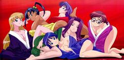  6+girls 6girls ai_yori_aoshi all_fours bare_shoulders barefoot black_eyes black_hair blonde_hair blue_hair breasts cleavage dark_skin everyone feet glasses japanese_clothes kagurazaki_miyabi kimono legs long_hair looking_at_viewer looking_back lying minazuki_chika minazuki_taeko miyuki_mayu multiple_girls no_bra no_panties on_side purple_hair red_hair sakuraba_aoi short_hair sitting smile thighs tina_foster toes twintails 