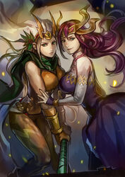  2girls aqua_eyes belt blonde_hair bracelet breasts commentary_request dress embers genderswap_(mtf) gloves green_eyes hair_ornament hammer holly_hair_ornament jewelry large_breasts light_smile loki_(p&amp;d) long_hair looking_at_viewer lotus_(elico) mjolnir_(mythology) multiple_girls nail_polish photoshop_(medium) purple_hair puzzle_&amp;_dragons rule_63 scarf thor_(p&amp;d) wavy_hair 