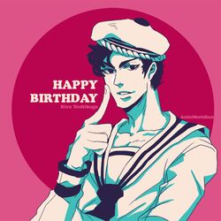  1boy antemeridian artist_name bad_id bad_pixiv_id birthday character_name happy_birthday hat jojo_no_kimyou_na_bouken jojolion kira_yoshikage_(jojolion) male_focus sailor sailor_hat simple_background solo 