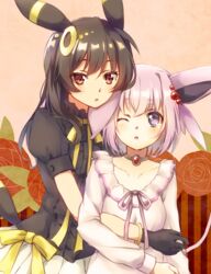  2girls animal_ears arm_around_waist beads black_gloves black_hair bracelet choker collarbone commentary_request espeon gloves hair_beads hair_ornament highres jewelry looking_at_viewer multiple_girls one_eye_closed personification pokemon purple_eyes purple_hair red_eyes tomashuu umbreon 