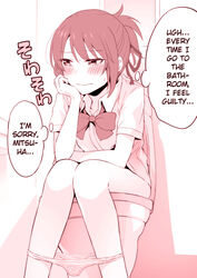  blush bow bowtie commentary folded_ponytail greyscale hair_between_eyes hairbow hard_translated highres ishima_yuu kimi_no_na_wa miyamizu_mitsuha monochrome panties school_uniform sitting solo thought_bubble toilet_seat toilet_use translated underwear 