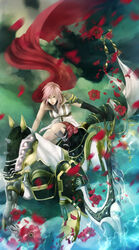  &eacute;clair_farron bad_id bad_pixiv_id elbow_gloves female final_fantasy final_fantasy_xiii flower gloves highres lightning odin_(final_fantasy) petals pink_hair pochiharu scarf short_hair single_glove sword weapon 