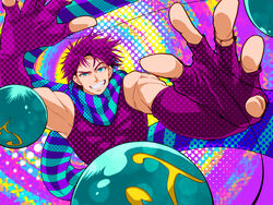  1boy bad_id bad_pixiv_id blue_eyes bola_(weapon) fingerless_gloves gloves grin halftone jojo_no_kimyou_na_bouken joseph_joestar joseph_joestar_(young) male_focus photoshop_(medium) purple_eyes scarf smile solo yoshitaro_(almendra) 