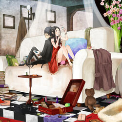  1boy applying_makeup back-to-back bag bare_legs barefoot black_cat black_hair black_jacket book book_stack bookmark bottle candelabra candlestand checkered_floor closed_eyes clothes coat coat_rack commentary_request compact_(cosmetics) cosmetics couch couple dress feline female food formal glasses handbag hat high_heels highres indoors jacket jewelry jewelry_box knees_up lipstick lipstick_tube long_hair long_sleeves makeup necklace on_couch open_book original pearl_necklace petals pocky red_dress red_eyes red_footwear shigureteki shoes sitting sleeping sleeveless sleeveless_dress straight strap_slip stuffed_animal stuffed_toy suit suitcase table teddy_bear unworn_coat unworn_eyewear unworn_hat unworn_headwear unworn_shoes 