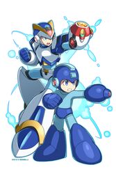  2boys android arm_cannon aura blue_eyes character_name clenched_hand commentary_request dated first_armor_x_(mega_man) green_eyes height_difference helmet highres male_focus mega_man_(character) mega_man_(classic) mega_man_(series) mega_man_x_(series) multiple_boys no_humans open_mouth robot simple_background tonami_kanji weapon white_background x_(mega_man) 