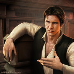  1boy blue_eyes body_hair brown_hair chest_hair commentary english_commentary han_solo male_focus manly mos_eisley photorealistic realistic scar sitting solo star_wars star_wars:_a_new_hope steve_argyle upper_body vest watermark web_address 