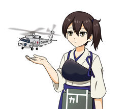  aircraft brown_eyes brown_hair commentary_request female helicopter highres hoshino_banchou japanese_clothes js_kaga_(kancolle) kaga_(kancolle) kantai_collection long_hair muneate photoshop_(medium) sh-60_seahawk side_ponytail simple_background smile solo tasuki white_background 