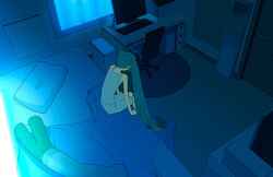  arm_support bad_id bad_pixiv_id bare_shoulders bed body_pillow capri_pants chair computer computer_keyboard female from_above from_behind green_hair hatsune_miku long_hair monitor office_chair pants pillow room sitting solo spring_onion swivel_chair table tank_top twintails very_long_hair vocaloid yuanmaru 