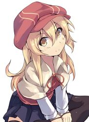  black_thighhighs blonde_hair blush cabbie_hat capelet commentary_request female hat ikkyuu_tensai long_hair looking_at_viewer normaland orange_eyes ryuugajou_nanana_no_maizoukin skirt smile solo thighhighs 