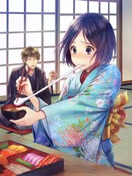  1boy artist_request blue_eyes blue_hair brother_and_sister brown_hair closed_eyes eating female food hakama hakama_skirt indoors isara_gunther japanese_clothes kimono sash senjou_no_valkyria_(series) senjou_no_valkyria_1 short_hair siblings skirt tatami watermark welkin_gunther yukata 