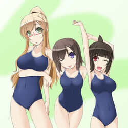  3girls ;p blonde_hair breast_hold breasts brown_hair commentary_request competition_school_swimsuit covered_navel futsuu_no_joshikousei_ga_locodol_yattemita glasses kohinata_yukari large_breasts long_hair mikoze_yui multiple_girls one-piece_swimsuit one_eye_closed open_mouth partial_commentary photoshop_(medium) purple_eyes school_swimsuit serimura_yuito short_hair swimsuit tongue tongue_out usami_nanako 