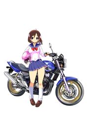  bakuon!! commentary_request female hair_ornament head_wings helmet highres honda honda_cb400 honda_cb400sf loose_socks motor_vehicle motorcycle orimoto_mimana sakura_hane school_uniform serafuku smile socks solo wings 