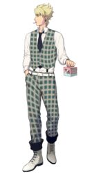  1boy bad_id bad_pixiv_id blonde_hair boots box dramatical_murder earrings full_body hand_in_pocket highres jewelry macaroni_(piyo4508) male_focus necktie plaid transparent_background trip_(dramatical_murder) vest walking 