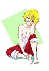  bad_id bad_twitter_id bare_shoulders barefoot blonde_hair breasts cleavage coke-bottle_glasses collarbone commentary_request elbow_on_knee elbow_rest female glasses head_tilt kazuo_daisuke looking_at_viewer medium_breasts no_bra pants red_eyes short_hair sitting solo strap_slip toenails tokyo_7th_sisters track_pants wakaouji_rui 