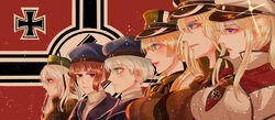  6+girls anno88888 bad_id bad_pixiv_id bismarck_(kancolle) blonde_hair breasts country_connection cross flag_background graf_zeppelin_(kancolle) group_picture group_profile hat highres iron_cross kantai_collection large_breasts light_particles lineup multiple_girls nazi_war_ensign odd_one_out prinz_eugen_(kancolle) profile u-511_(kancolle) upper_body z1_leberecht_maass_(kancolle) z3_max_schultz_(kancolle) 