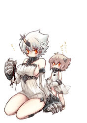  2girls abyssal_ship blush breasts brown_hair colored_skin cosplay detached_sleeves dress flat_chest genderswap_(mtf) gloves horns johan_andersen kantai_collection large_breasts multiple_girls no_panties northern_ocean_princess northern_ocean_princess_(cosplay) orange_eyes pale_skin panties parody ribbed_dress rule_63 seaport_princess seaport_princess_(cosplay) seiza short_dress short_hair side-tie_panties simple_background single_horn sitting standing sweat tobi_(one) translated underwear unworn_panties white_background white_hair white_skin yu-gi-oh! yu-gi-oh!_gx yuki_judai 