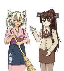  &gt;:( 2girls absurdres alternate_costume broom brown_eyes brown_hair commentary dark-skinned_female dark_skin frown glasses grey_hair headgear highres holding hoshino_banchou hotel_yamato japanese_clothes kantai_collection kimono long_hair looking_at_viewer multiple_girls musashi_(kancolle) necktie office_lady pantyhose photoshop_(medium) ponytail simple_background smile tan tasuki translated two_side_up v-shaped_eyebrows white_background yamato_(kancolle) 