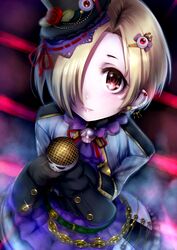  bad_id bad_pixiv_id belt black_gloves blonde_hair blush dress ear_piercing female gloves hair_ornament hair_over_one_eye hat highres idolmaster idolmaster_cinderella_girls looking_at_viewer microphone parted_lips piercing red_eyes shirasaka_koume short_hair smile solo top_hat yummy_yoi 