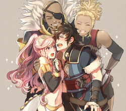  2boys 2girls :o bald bare_shoulders basilio_(fire_emblem) blonde_hair bridal_gauntlets closed_eyes commentary_request couple dark-skinned_male dark_skin eyepatch fingerless_gloves fire_emblem fire_emblem_awakening flavia_(fire_emblem) fur_trim gloves highres kitte_(hujikoru) lon&#039;qu_(fire_emblem) long_hair midriff multiple_boys multiple_girls olivia_(fire_emblem) pink_eyes pink_hair short_hair smile sparkle straight surprised sweatdrop 