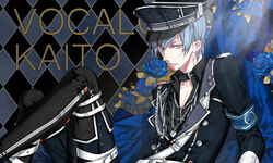  1boy armband blue_eyes blue_hair commentary flower hat jewelry kaito_(vocaloid) male_focus necklace rose solo uniform vocaloid witchonly 