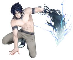  1boy abs arm_support bad_id bad_pixiv_id belt blue_hair collar dramatical_murder earrings full_body jewelry macaroni_(piyo4508) male_focus ren_(dramatical_murder) solo spiked_collar spikes tattoo topless_male transparent_background 