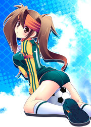  ass ball brown_eyes brown_hair commentary_request endou_mamoru female genderswap_(mtf) headband inazuma_eleven inazuma_eleven_(series) long_hair looking_back rule_63 soccer_ball solo telstar tokinon twintails 