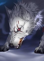  2015 absurd_res ambiguous_gender black_lips black_nose canid canine canis digital_media_(artwork) feral fur hauringu hi_res kiba_(wolf&#039;s_rain) lips mammal open_mouth paws pink_eyes scar shaded solo teeth tongue white_body white_fur wolf wolf&#039;s_rain 