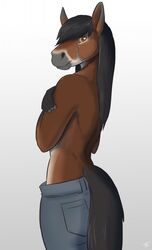  anthro ass black_hair bottomwear brown_body brown_eyes brown_fur butt_pose clothing covering covering_self dalarius_frin equid equine fur grey_body grey_fur hair hi_res horse lady-darkstreak male mammal pants pose solo tan_body tan_fur 