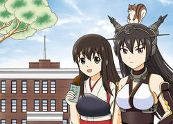  2girls :d akagi_(kancolle) animal animal_on_head black_eyes black_hair branch brown_eyes building commentary_request food headgear highres holding hoshino_banchou japanese_clothes kantai_collection long_hair looking_at_viewer multiple_girls muneate nagato_(kancolle) on_head open_mouth photoshop_(medium) smile squirrel tasuki translation_request 