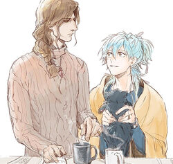  2boys alternate_hairstyle bad_id bad_pixiv_id blue_hair braid brown_hair cup dramatical_murder height_difference long_hair macaroni_(piyo4508) mink_(dramatical_murder) mug multiple_boys photoshop_(medium) ponytail ren_(dramatical_murder) seragaki_aoba smile sweater 