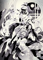  1boy breasts commentary_request female full_moon gun halftone handgun hinoe_(right-hnxx03) hiteihime_(katanagatari) japanese_clothes katana katanagatari kimono mask medium_breasts monochrome moon revolver screentones sheath souda_emonzaemon sword unsheathing weapon 