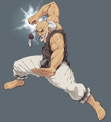  1boy bald barefoot beard commentary_request facial_hair gouken legs_apart long_hair male_focus muscular nigou old old_man solo street_fighter street_fighter_iv_(series) white_hair 