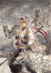  alternate_eye_color alternate_weapon animal animal_ears bad_id bad_pixiv_id black_pants breath canvas_(medium) cliff closed_mouth coat female flock fur_coat fur_sleeves hakama hakama_pants hand_on_animal hat highres holding holding_polearm holding_weapon icicle inubashiri_momiji japanese_clothes kimono kobuushi kodachi leaf_print looking_at_viewer naginata orange_ribbon outdoors painting_(medium) pants petting photoshop_(medium) polearm pom_pom_(clothes) realistic red_hat red_ribbon ribbon scar scar_on_cheek scar_on_face scenery serious short_sword snow snowing snowscape solo sword thick_eyebrows tokin_hat touhou traditional_media weapon white_hair white_kimono white_wolf wolf wolf_ears yellow_eyes 