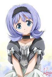  almiria_bauduin blue_eyes choker commentary_request female gundam gundam_tekketsu_no_orphans highres kem_kem looking_at_viewer md5_mismatch purple_hair smile solo 