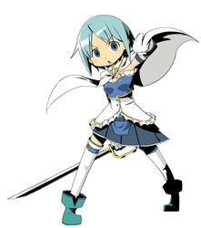  armband belt blue_eyes blue_hair cape commentary_request female gloves hiroshima_mikan magical_girl mahou_shoujo_madoka_magica mahou_shoujo_madoka_magica_(anime) miki_sayaka miki_sayaka_(magical_girl) open_mouth parody photoshop_(medium) sekaiju_no_meikyuu short_hair simple_background solo soul_gem style_parody sword thighhighs weapon white_background zettai_ryouiki 