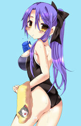  ass bad_id bad_pixiv_id commentary_request competition_swimsuit drink drinking drinking_straw eiyuu_densetsu female laura_s._arseid long_hair one-piece_swimsuit ponytail purple_hair sen_no_kiseki swimsuit towel wet yellow_eyes yoroi_nau 