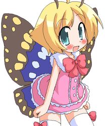  :d ahoge antennae aqua_eyes bare_arms blonde_hair blush bow bowtie bug butterfly butterfly_wings cowboy_shot dress female flat_chest frilled_dress frills geetsu insect_wings jaggy_lines looking_at_viewer oekaki open_mouth red_bow shimon_(shimotsuma) shimotsuma short_dress short_hair simple_background sleeveless sleeveless_dress smile solo thighhighs white_background white_thighhighs wings zettai_ryouiki 