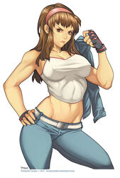  bad_deviantart_id bad_id breasts brown_hair cleavage clenched_hand covered_nipples crop_top dead_or_alive denim elizabeth_torque eyebrows female grey_eyes hairband hand_on_own_hip highres hitomi_(doa) jacket jacket_on_shoulders jeans large_breasts long_hair midriff navel pants photoshop_(medium) sidelocks solo taut_clothes toned unworn_jacket 