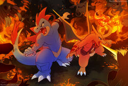  aipom ambiguous_gender armband battle charizard digital_media_(artwork) divina dragon feral feraligatr fighting_pose fire gaius generation_1_pokemon generation_2_pokemon generation_3_pokemon group haychel mankey mawile mythological_creature mythological_scalie mythology nintendo pokemon pokemon_(species) pose scalie sneasel tales_of_elysium 