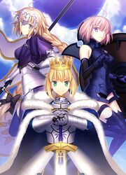  3girls ahoge aqua_eyes armor artoria_pendragon_(fate) bad_id bad_pixiv_id bare_shoulders blue_eyes braid chains cloud day excalibur_(fate/stay_night) fallstreak_hole fate/apocrypha fate/grand_order fate/stay_night fate_(series) fuyuki_(neigedhiver) gauntlets gorget highres jeanne_d&#039;arc_(fate) jeanne_d&#039;arc_(ruler)_(fate) long_hair looking_at_viewer lord_camelot_(fate) mash_kyrielight multiple_girls purple_eyes saber_(fate) short_hair single_braid sky smile standard_bearer very_long_hair weapon 