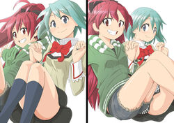  2girls blue_eyes blue_hair bow casual commentary_request denim denim_shorts grin hairbow hiroshima_mikan holding_hands hood hoodie interlocked_fingers long_hair mahou_shoujo_madoka_magica mahou_shoujo_madoka_magica_(anime) miki_sayaka mitakihara_school_uniform multiple_girls photoshop_(medium) ponytail red_eyes red_hair sakura_kyoko school_uniform short_hair shorts smile socks 