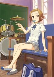  bag bare_legs brown_eyes brown_hair commentary_request dress_shirt drum drum_set female food hairband ice_cream instrument izumi_(ko8) k-on! looking_at_viewer no_socks sakuragaoka_high_school_uniform school_bag school_uniform shirt shoes sitting skirt smile solo tainaka_ritsu uwabaki v 