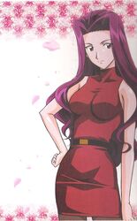  ai_yori_aoshi bare_shoulders belt black_eyes breasts dress female hand_on_hip highres kagurazaki_miyabi large_breasts legs long_hair looking_at_viewer official_art petals purple_hair simple_background solo 